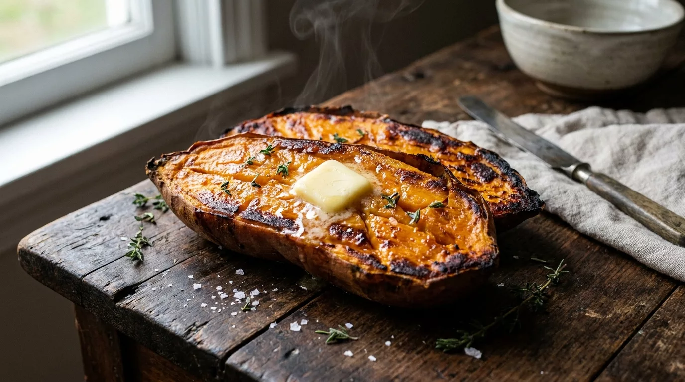 Patates douces au four en robe de lard, sauce moutardée